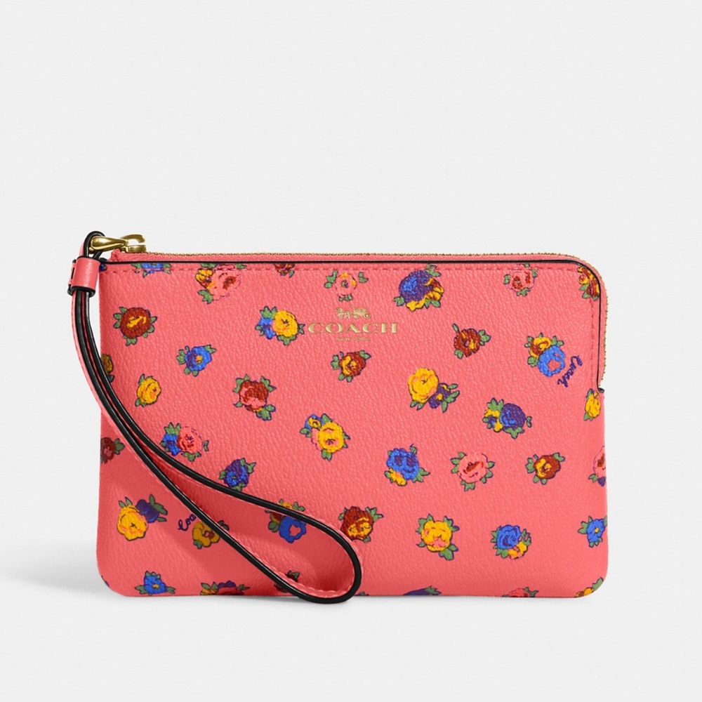 Coach Corner Zip Wristlet With Mini Vintage Rose Print Pink Lemonade Multi - Picture 2 of 16